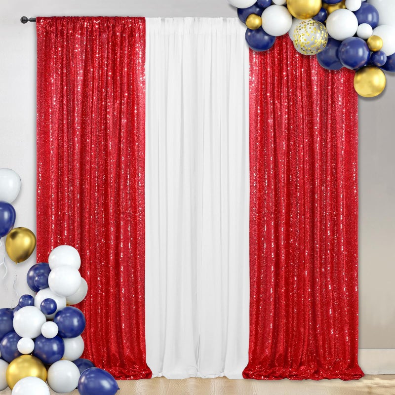 SquarePie Sequin Curtain Backdrop 2FT x 8FT Red 2pcs Background for Wedding Party Christmas - Image 1